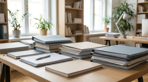 Plan de travail encombré de piles de dossiers