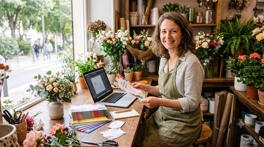 Gérante de boutique de fleuriste créant une brochure imprimée sur son ordinateur portable