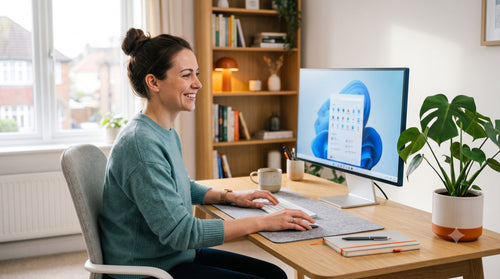 Une personne satisfaite d'avoir configuré son nouveau PC avec une licence Windows 11 officielle