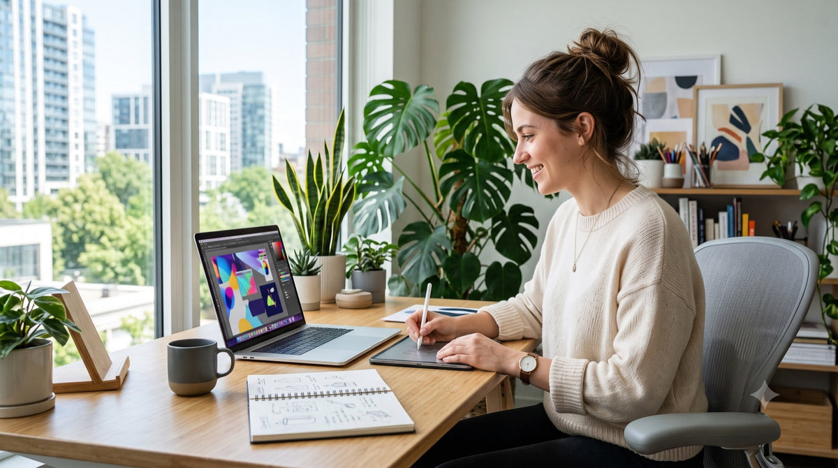 Une graphiste travaille en confiance sur son Mac, protégé par un antivirus léger