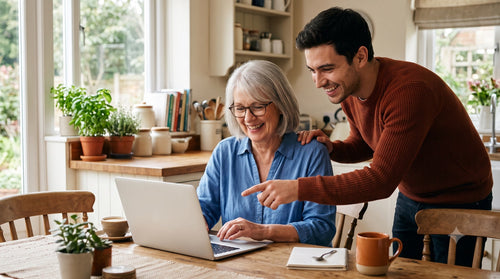 Un jeune adulte aide un proche à sécuriser son PC avec une protection simple