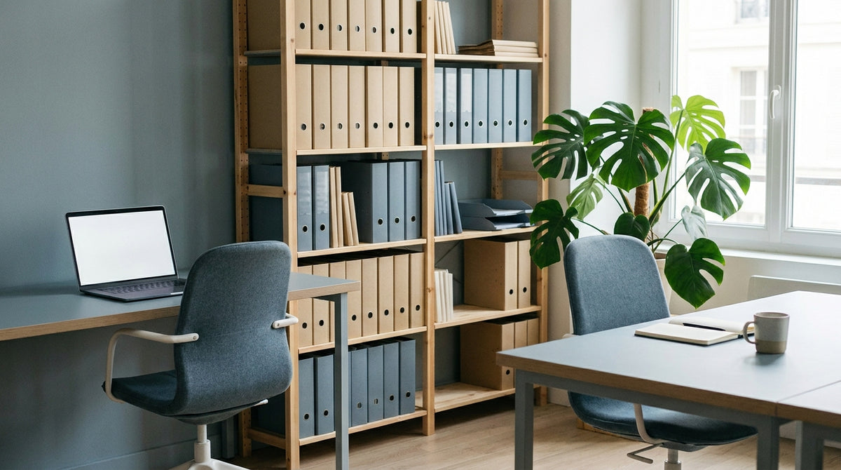 Un petit bureau de TPE avec deux postes de travail et des dossiers classés