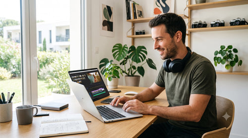 Un créatif monte des vidéos avec fluidité sur son Mac protégé par Bitdefender, sans ralentissement