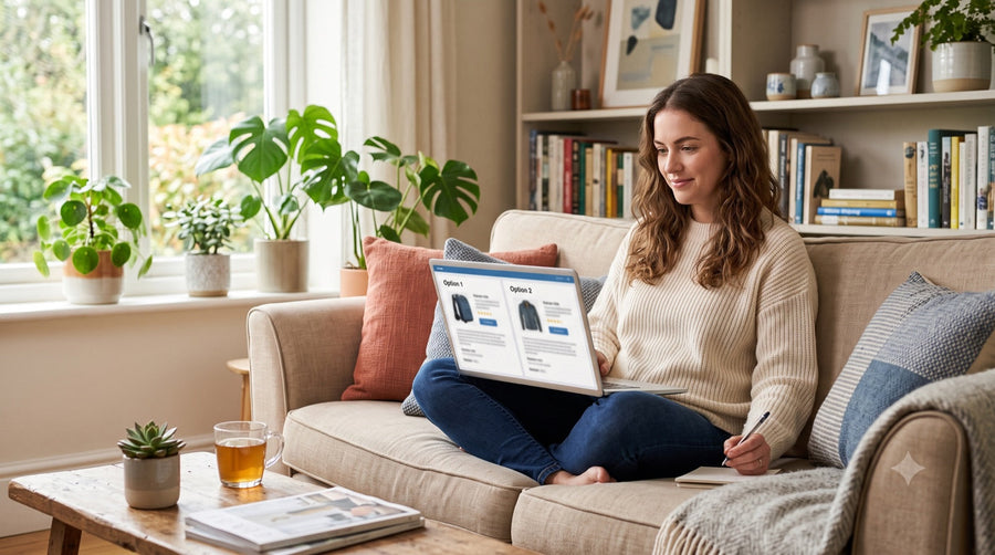 Une jeune femme compare deux antivirus sur son ordinateur portable, installée sur son canapé