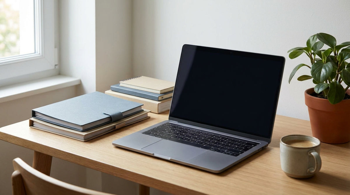 Un petit bureau d'indépendant avec un ordinateur portable et des dossiers