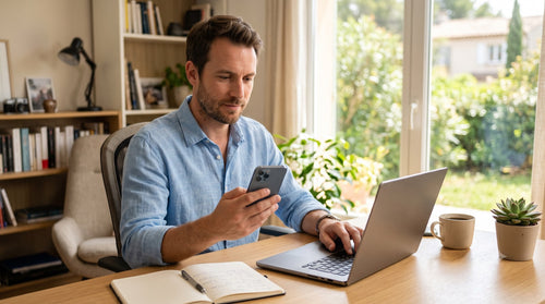 Homme suivant une procédure d'activation Windows avec son smartphone à côté de son ordinateur portable