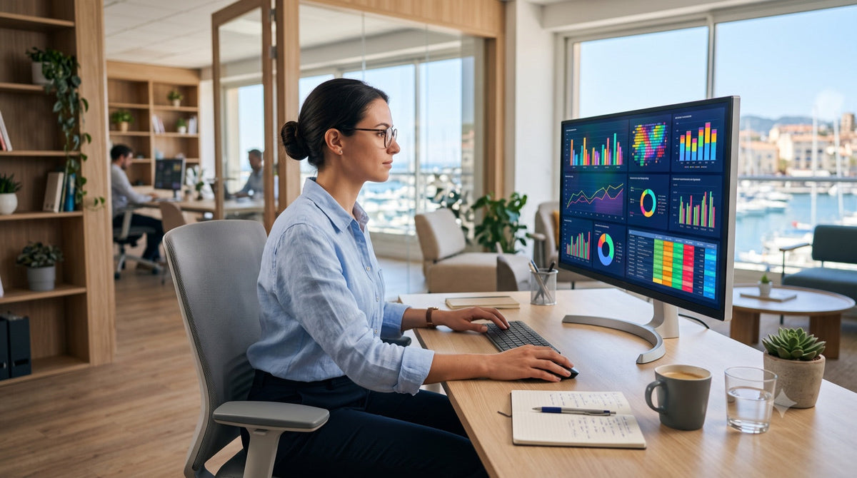Une analyste travaille sur de gros tableaux Excel et des graphiques à l'écran