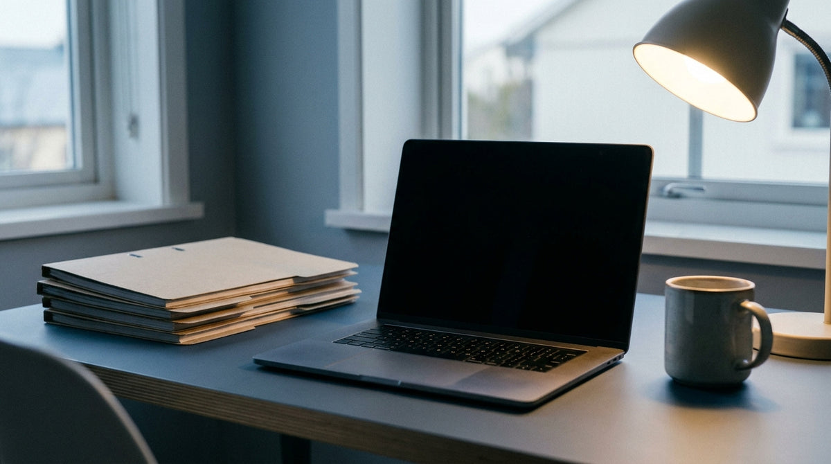 Un bureau de travail avec un ordinateur portable et des dossiers classés