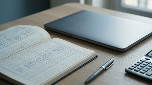 Un carnet de comptes ouvert à côté d'un ordinateur portable sur un bureau