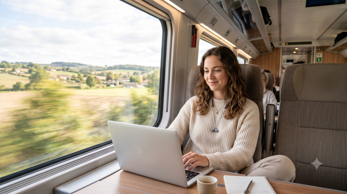 Une femme travaille en toute sécurité dans le train grâce au VPN de sa suite de sécurité