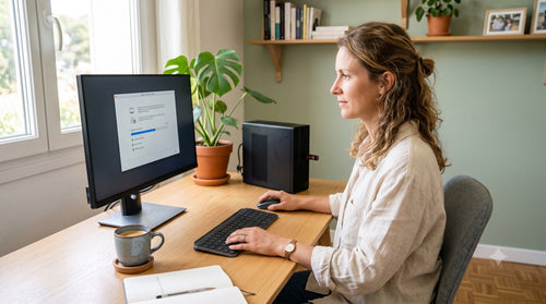 Femme suivant les étapes d'installation de Windows 11 sur son ordinateur de bureau