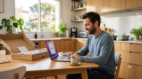 Homme installant Office sur son ordinateur portable Mac neuf dans sa cuisine