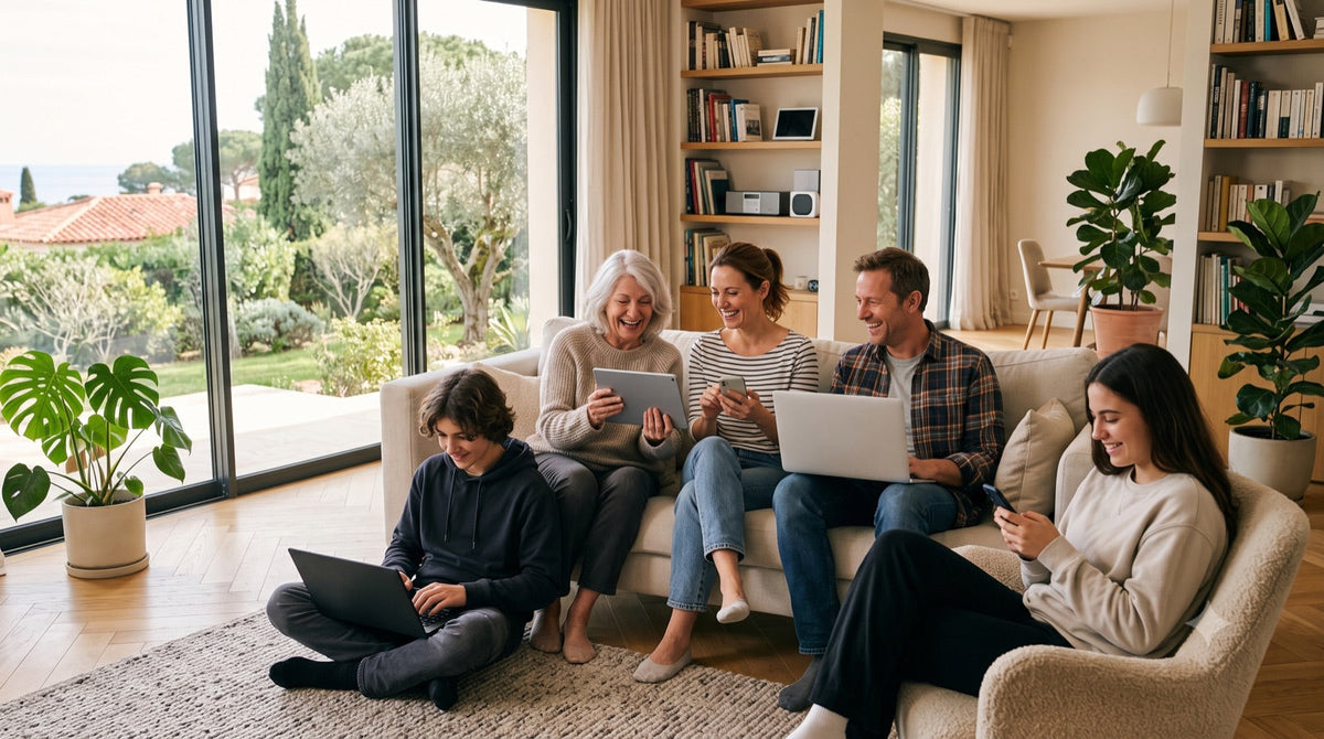 Une grande famille utilise Microsoft 365 Famille, chacun sur son appareil avec son propre OneDrive