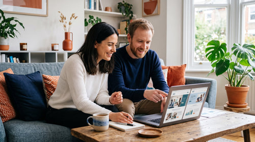Un couple compare McAfee et Norton ensemble sur un ordinateur portable à la maison