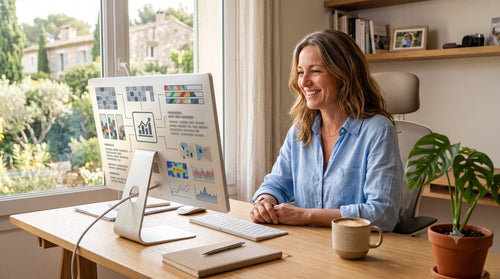 Femme souriante devant son ordinateur de bureau après la mise à niveau vers Windows 11