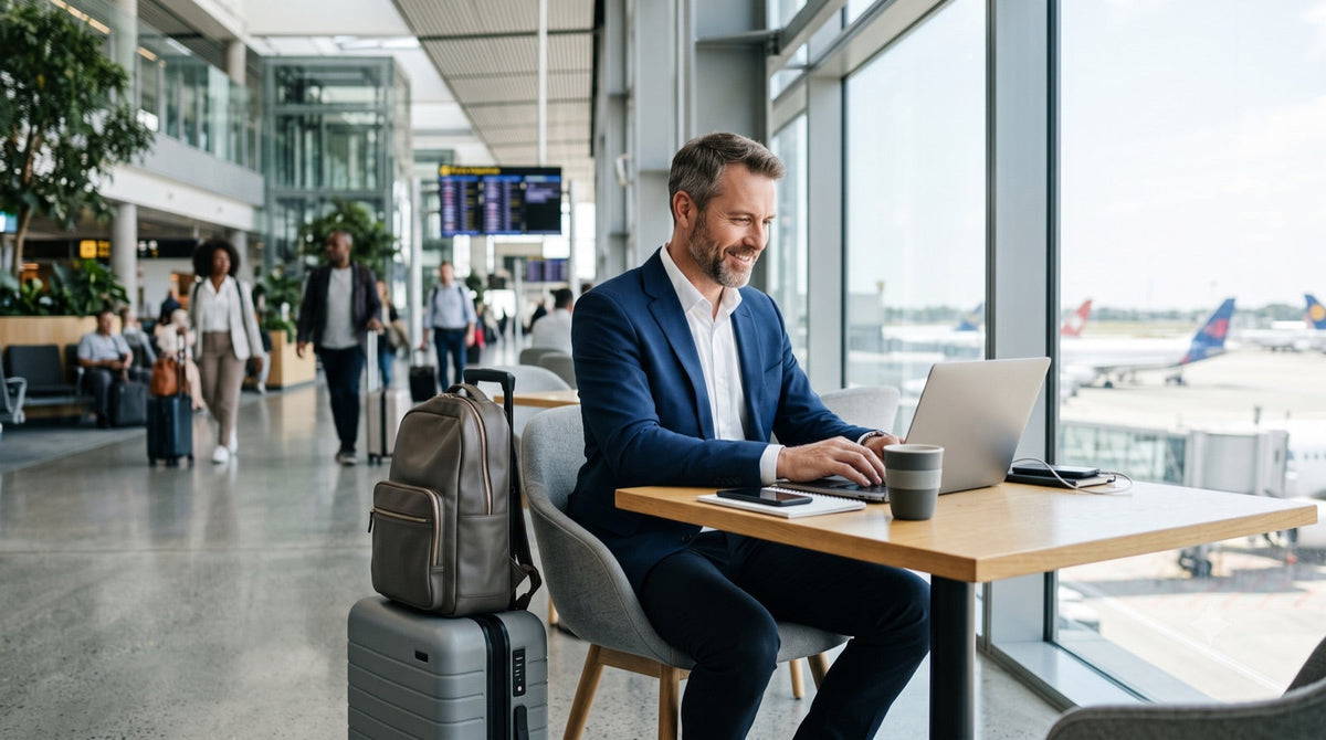 Un professionnel travaille en sécurité en déplacement grâce au VPN de sa suite Norton