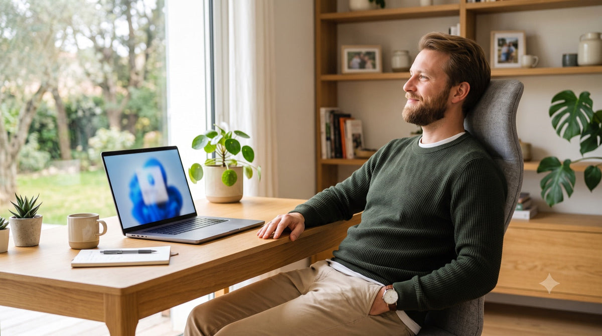Un homme serein a fait son choix d'antivirus, l'esprit tranquille devant son PC protégé