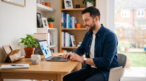 Une personne compare Norton 360 et Bitdefender sur son ordinateur portable à la maison