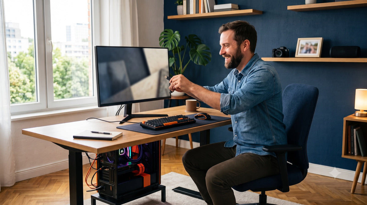 Homme installant un ordinateur de bureau fixe neuf avec sa licence Windows dans son bureau à domicile