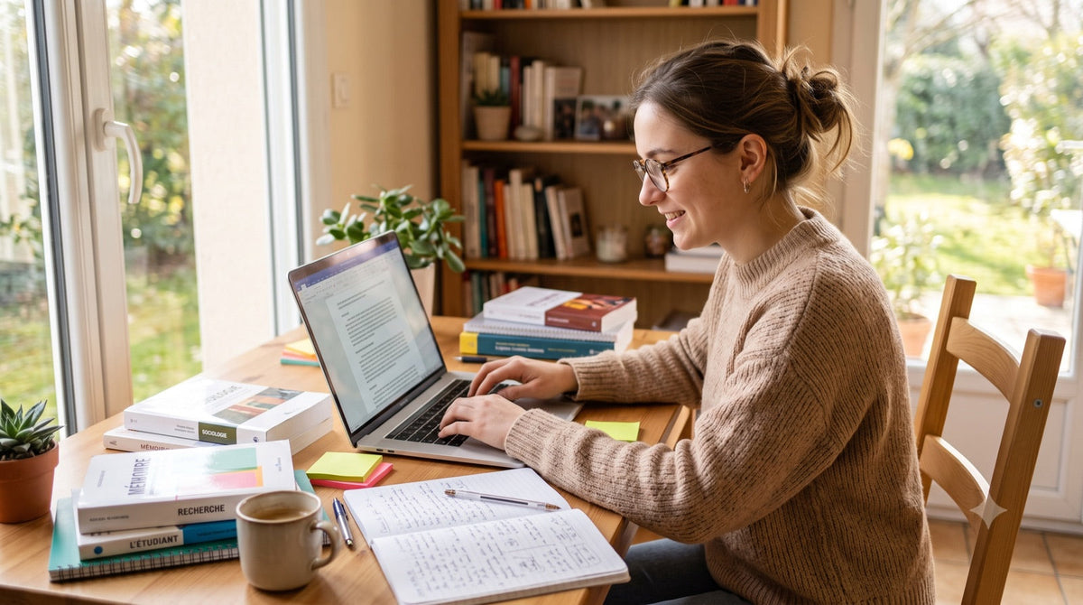 Une étudiante rédige son mémoire dans Word à son bureau, entourée de livres