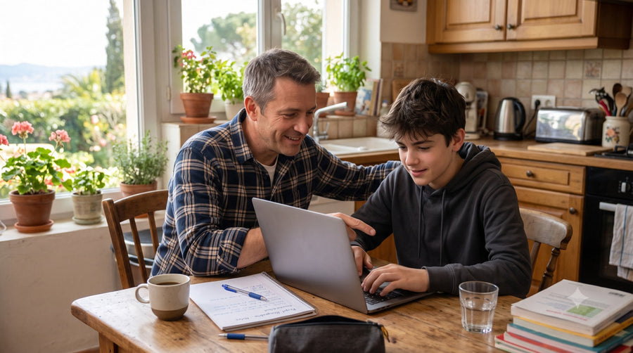Un parent aide son adolescent à préparer un devoir avec Office à la maison