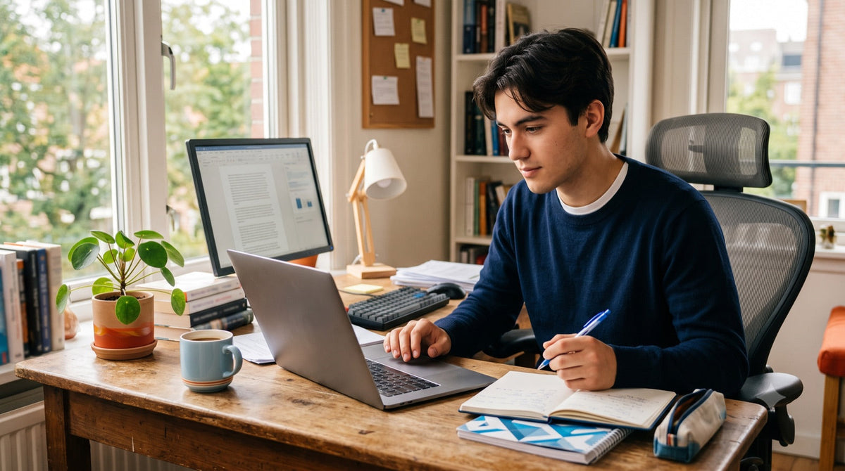 Un étudiant travaille sur son ordinateur à la maison en cherchant la meilleure solution bureautique pour son budget