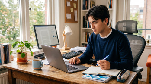 Un étudiant travaille sur son ordinateur à la maison en cherchant la meilleure solution bureautique pour son budget