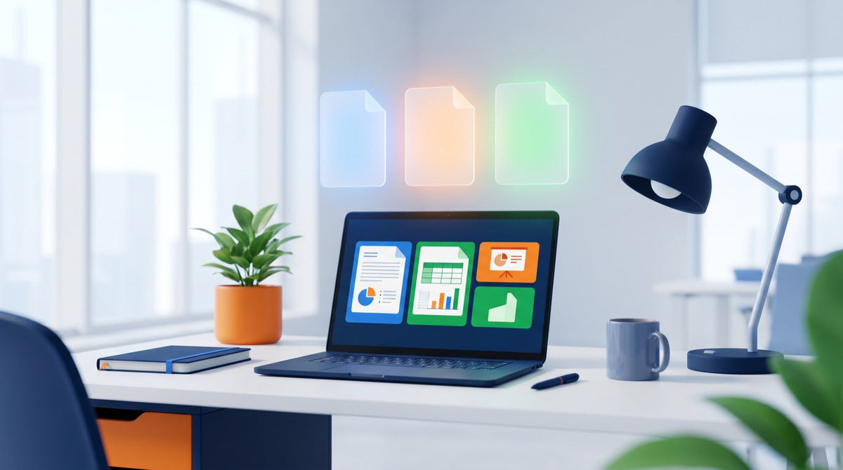 Bureau avec ordinateur portable et trois versions d'Office à comparer : 2021, 2024 et Microsoft 365