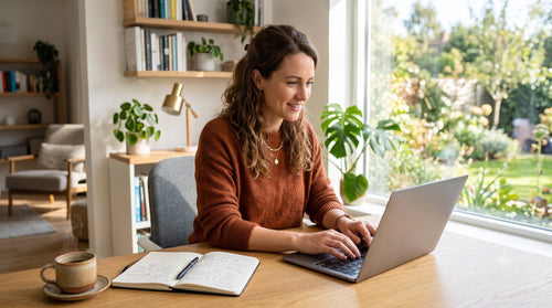 Une femme travaille de façon productive dans Office à son bureau lumineux