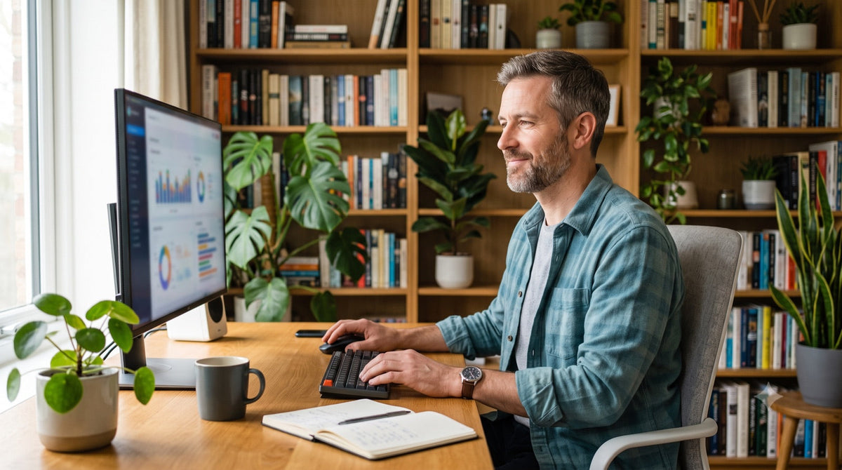Un freelance travaille sereinement sur Office 2021 Pro Plus, une suite stable et durable