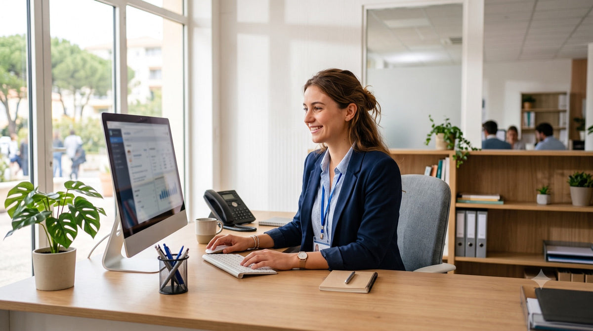 Une réceptionniste travaille sur un poste stable équipé d'Office 2021 Standard