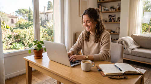 Jeune femme indépendante travaillant sur un ordinateur portable Mac à la maison