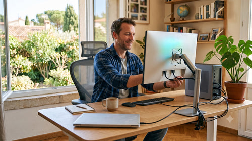 Homme installant un nouvel ordinateur de bureau, son ancien portable posé à côté