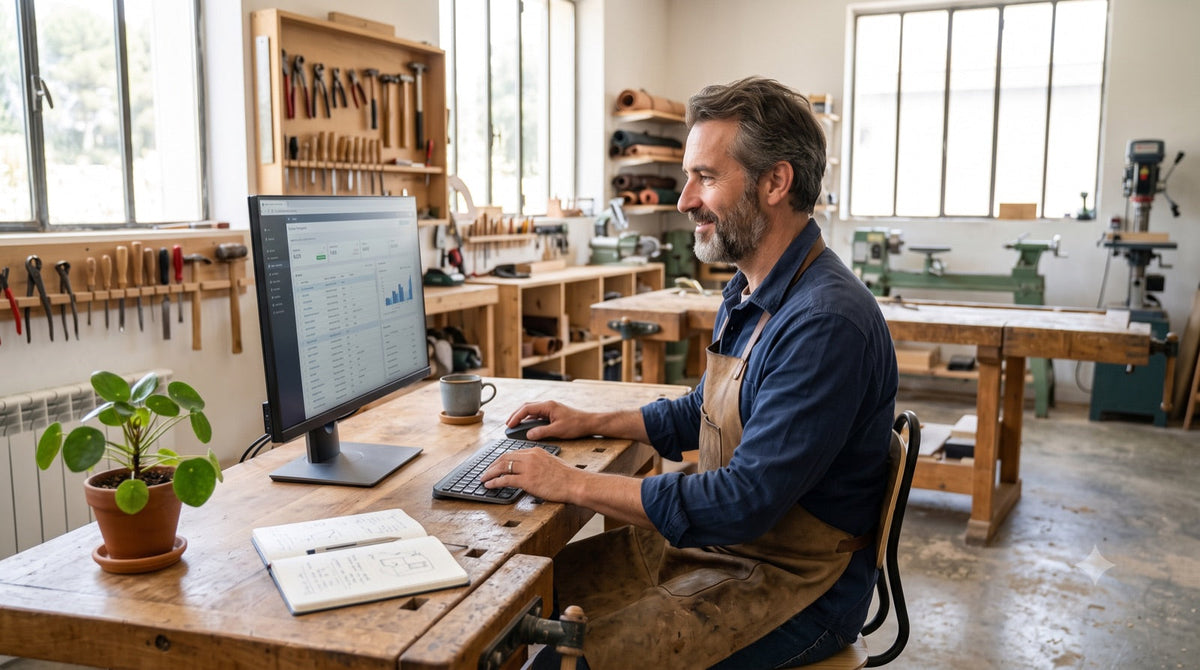 Artisan utilisant un ordinateur de bureau sous Windows 10 Pro dans son atelier
