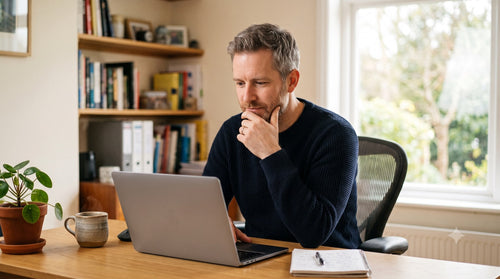 Homme pensif hésitant entre Windows 10 et Windows 11 devant son ordinateur portable
