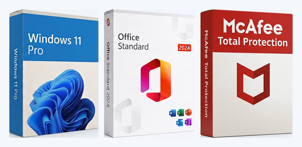Pack Famille 3 PC — Windows 11 Pro + Office 2024 Standard + McAfee 5 appareils