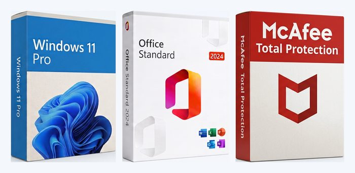 Pack Famille 3 PC — Windows 11 Pro + Office 2024 Standard + McAfee 5 appareils